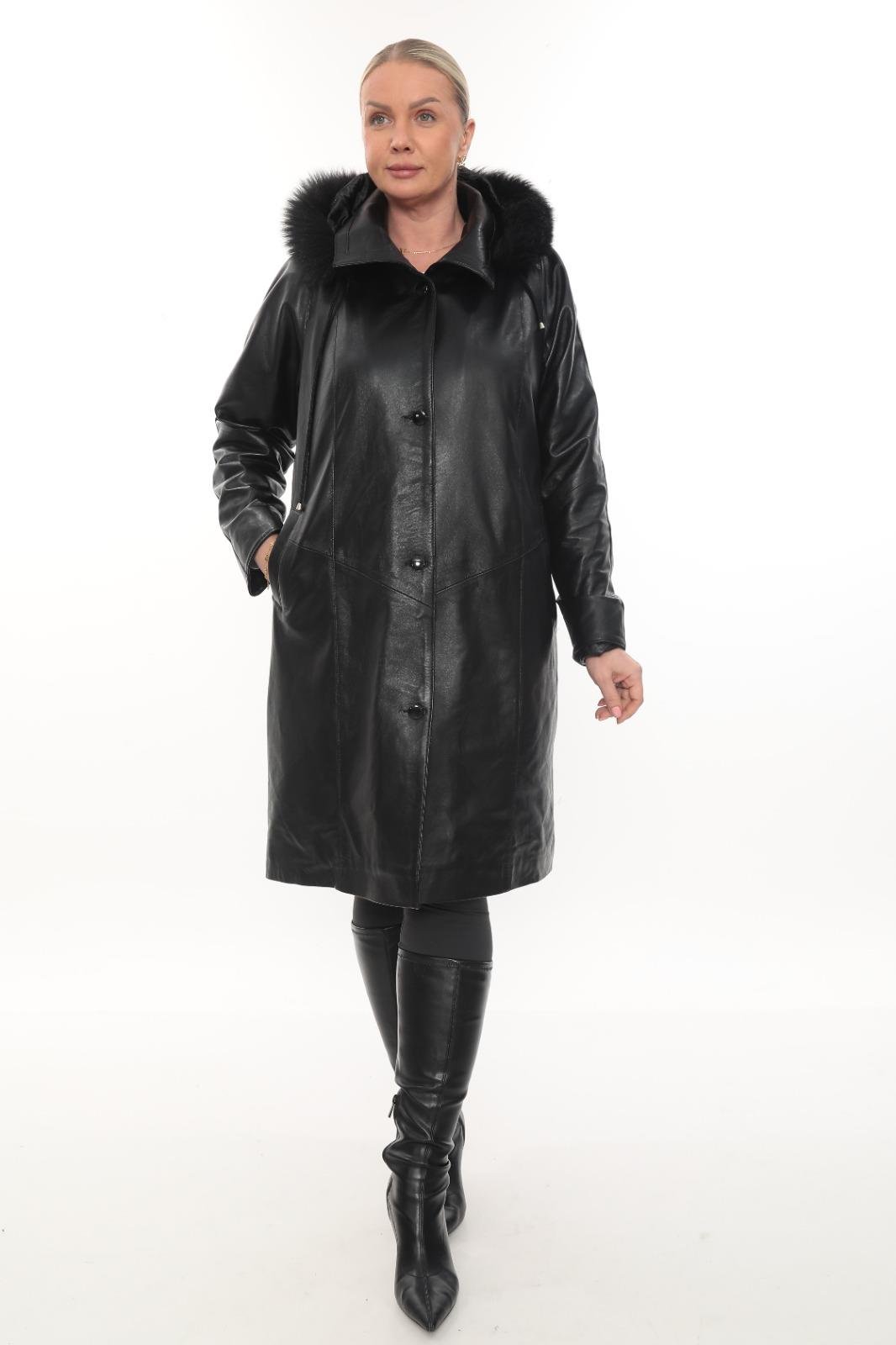  Tüylü Kapişonlu Rahat Kesim Uzun Deri Mont  Siyah Renk 