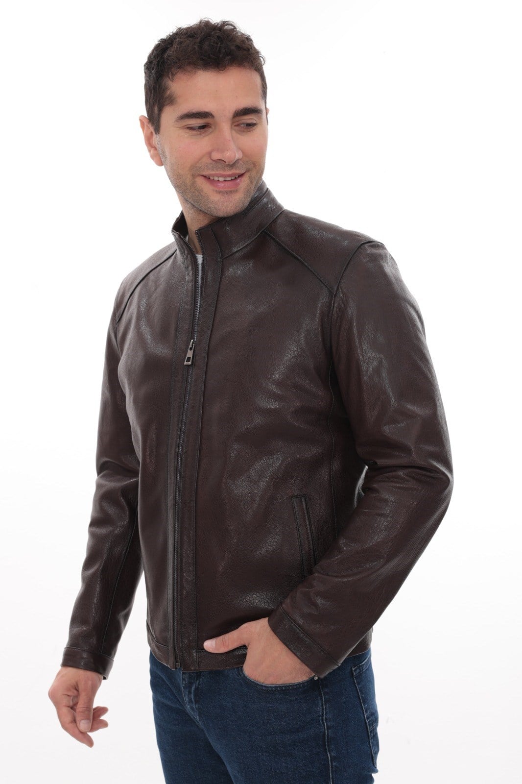 Eskitme Deri Hakim Yaka Erkek Deri Ceket Fındık Renk