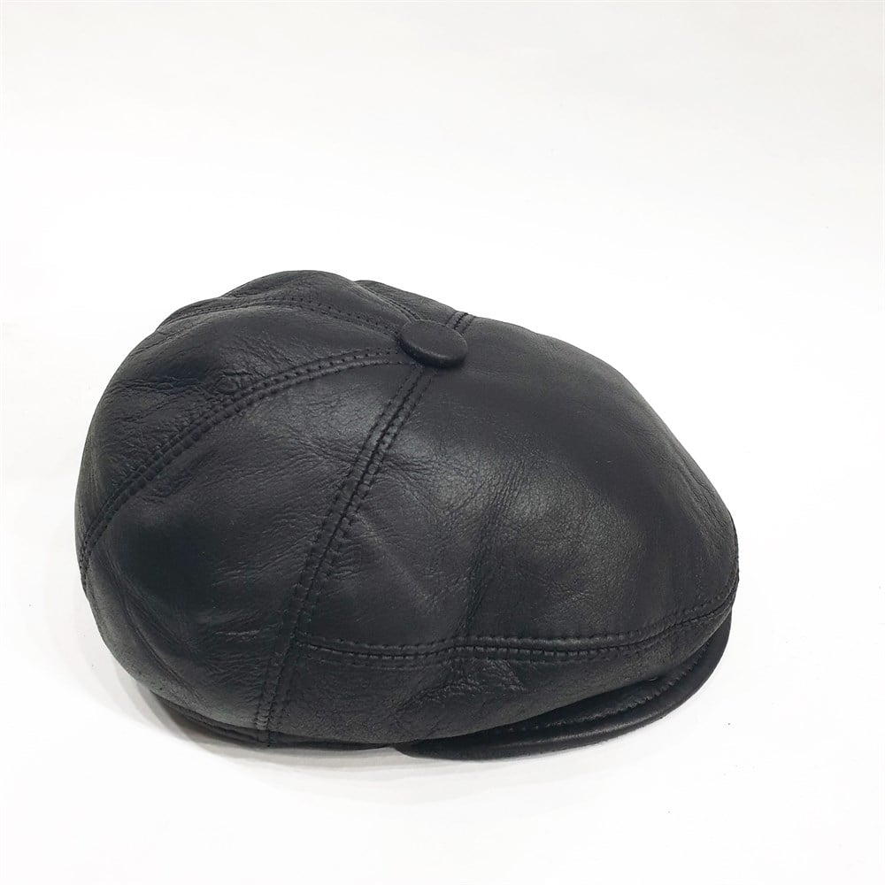 Tek Parça Deri Kürk Kasket Siyah Renk