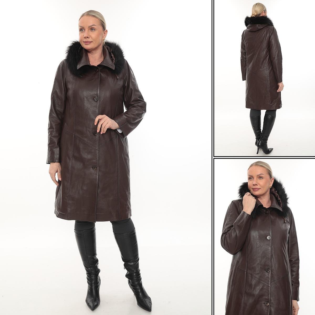  Tüylü Kapişonlu Rahat Kesim Uzun Deri Mont Fındık Renk 