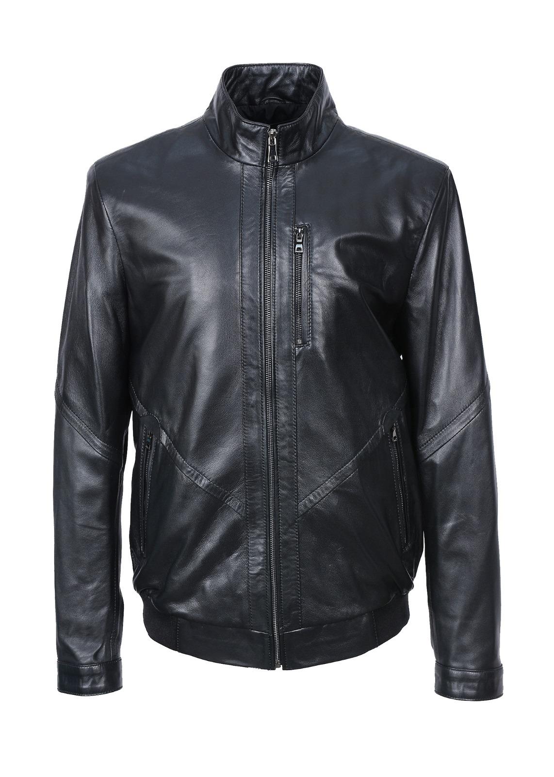 Çapraz Dikiş Detaylı Erkek Spor Deri Mont Siyah Renk