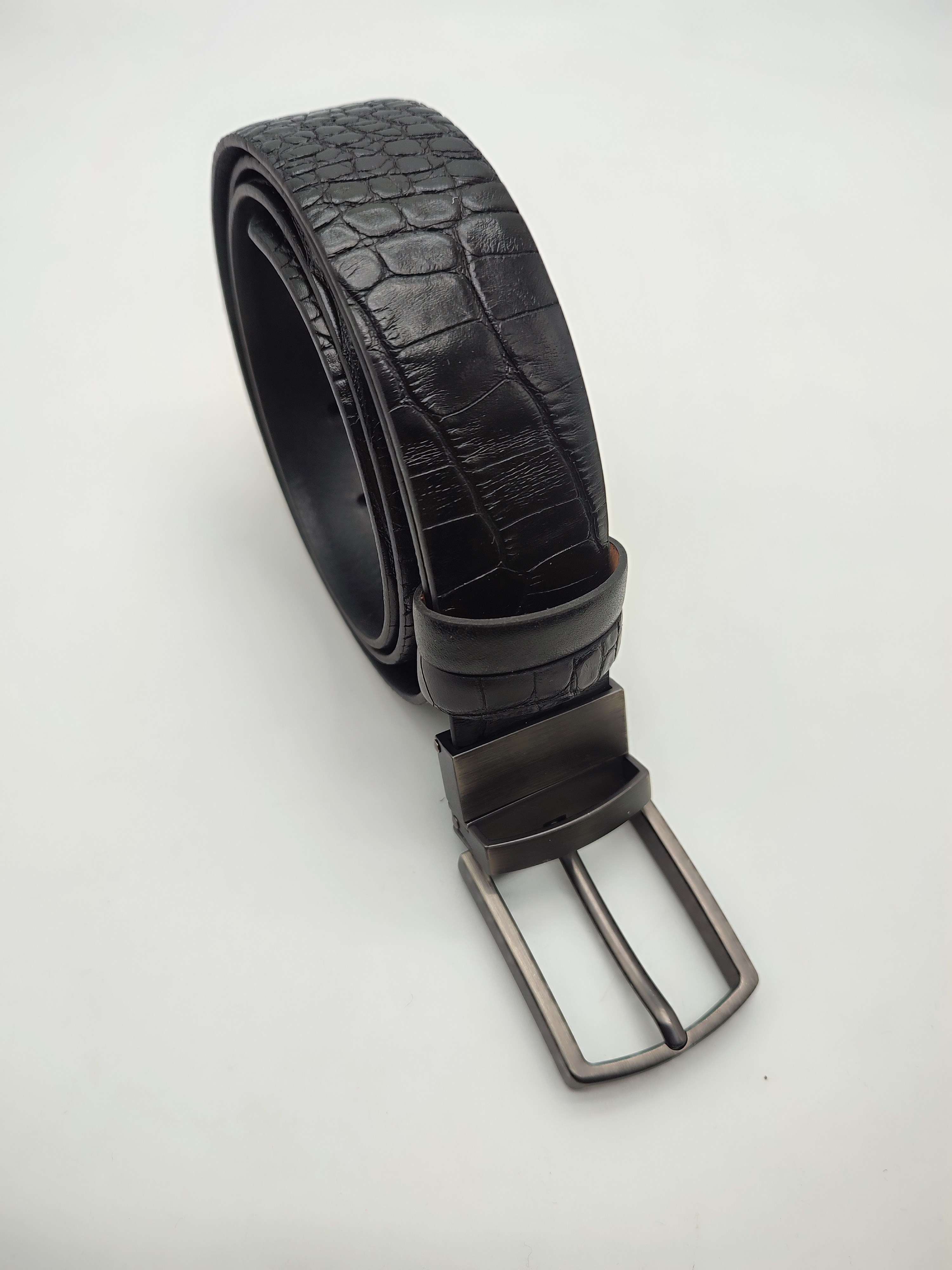 Çİft Taraflı Deri Baskı Detaylı Erkek Klasik Deri Kemer Siyah Renk 