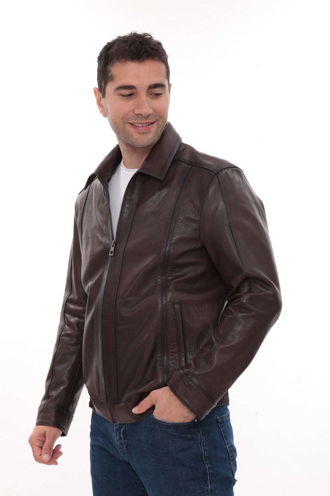 Eskitme Deri Beli Lastikli Model Fındık Renk Erkek Deri Mont