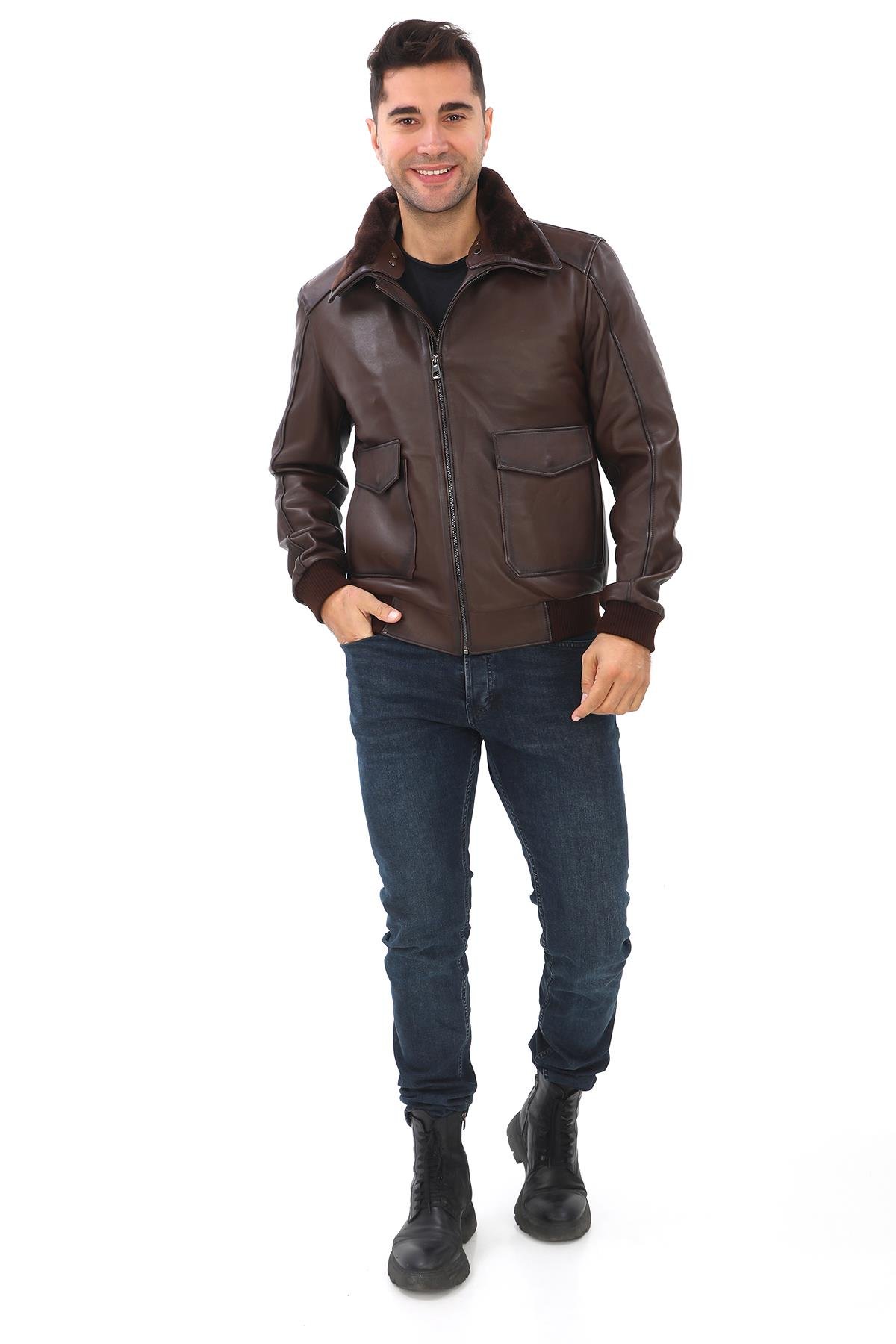 Fındık Renk Yakası Peluşlu Model Deri Mont 