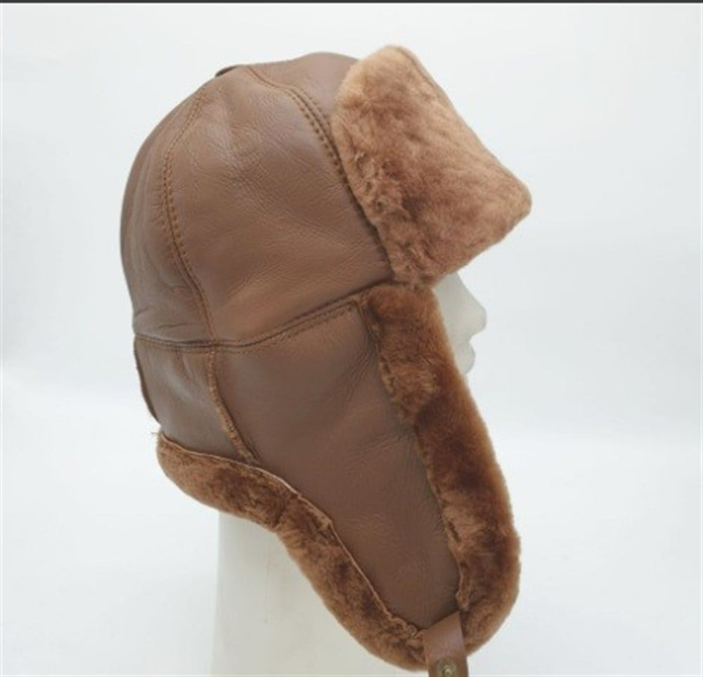 İçi Kürklü Camel Renk Pilot Model Deri Şapka