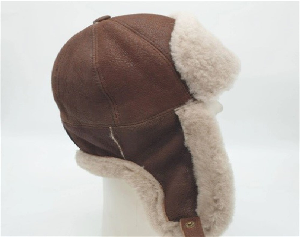İçi Kürklü Kahve Renk Pilot Model Deri Şapka