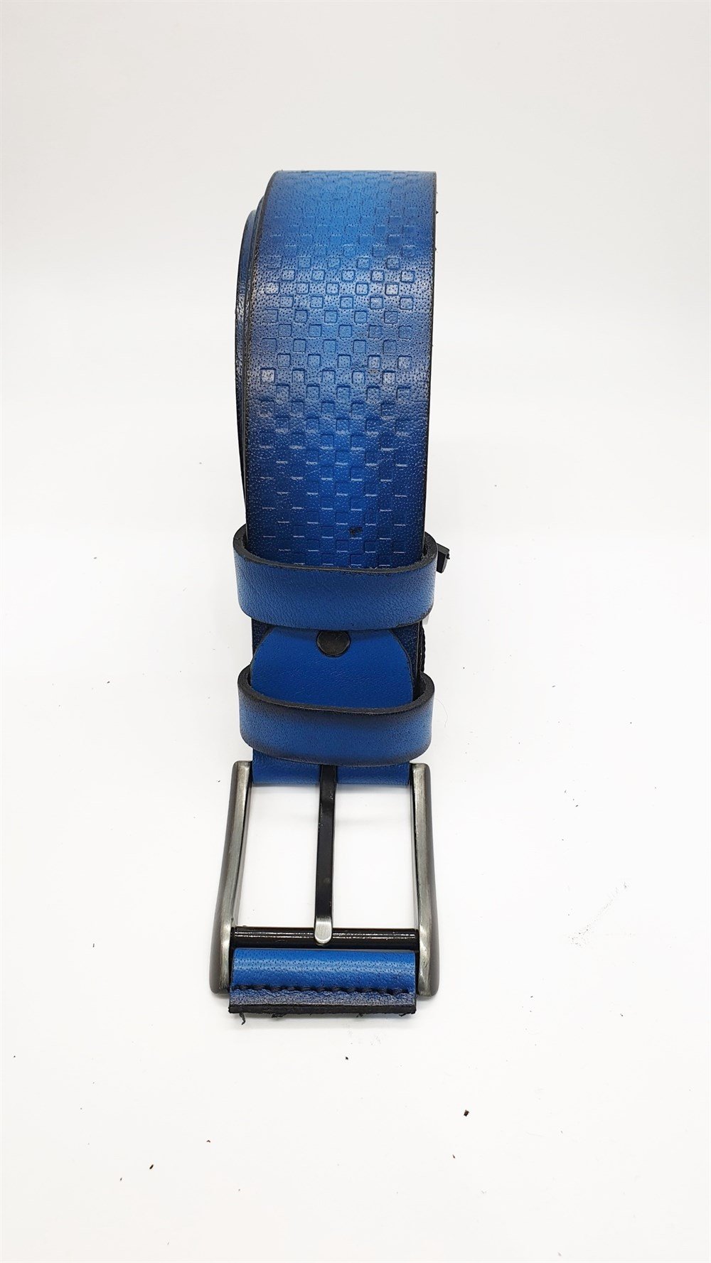 Kare Desenli Deri Toka Detaylı Spor Kot Kemeri-Mavi