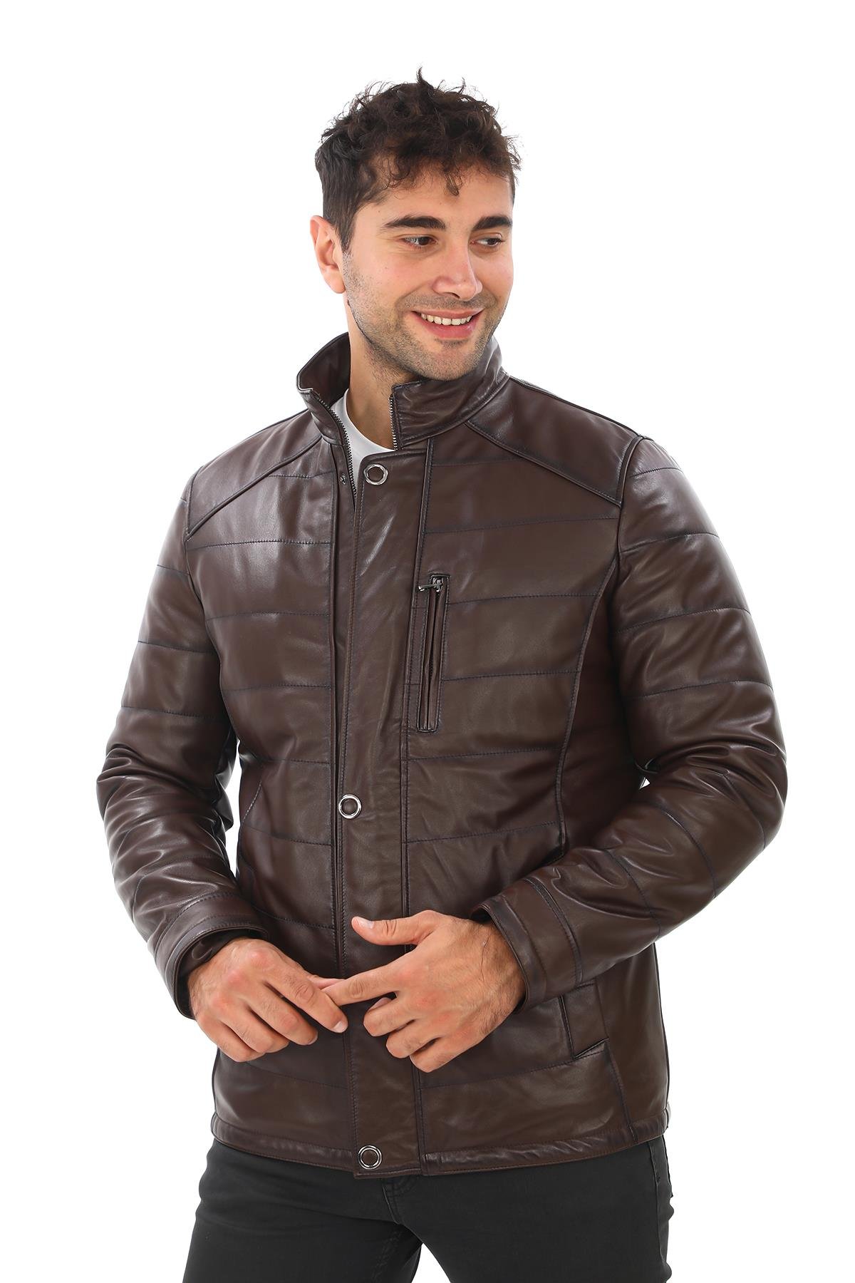 Şişme Klasik Ve Spor Kesim Deri Mont Fındık Renk