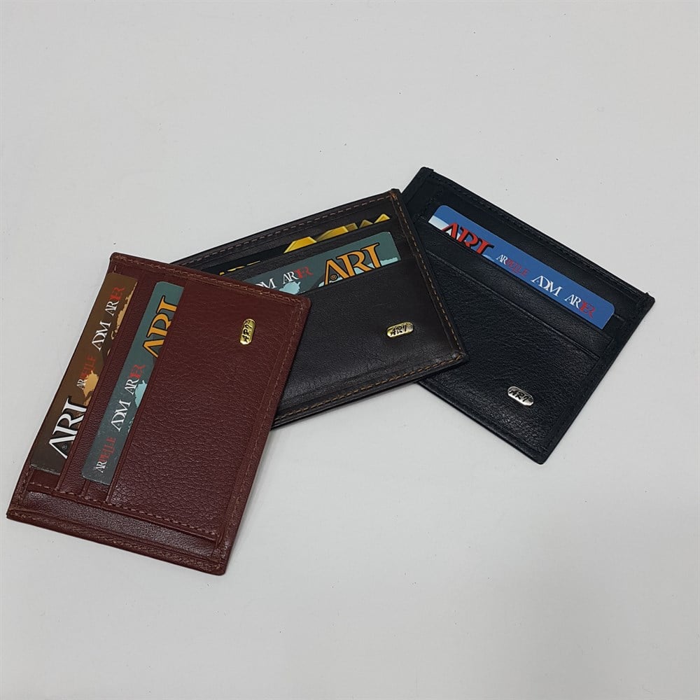 Siyah-Taba-Kahve Renkte Yatay Model Hakiki Deri Arkada Şeffaf Bölmeli Kartlık