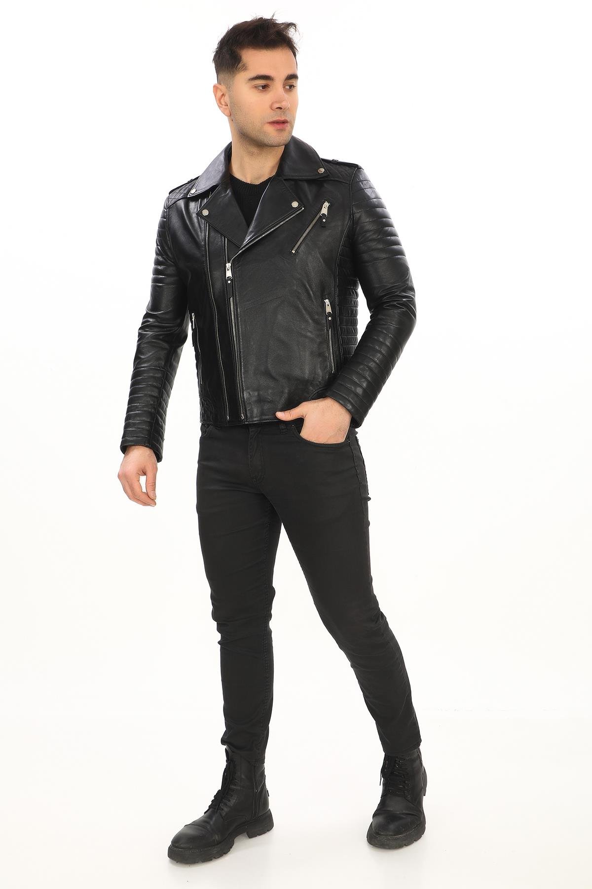 Slim Fit Kruvaze Yaka Erkek Spor Deri Mont