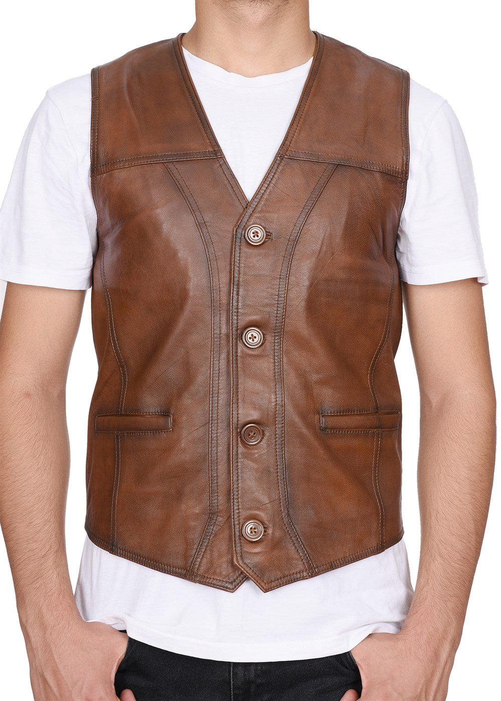 Slim Fit Taba Renk Erkek Deri Yelek