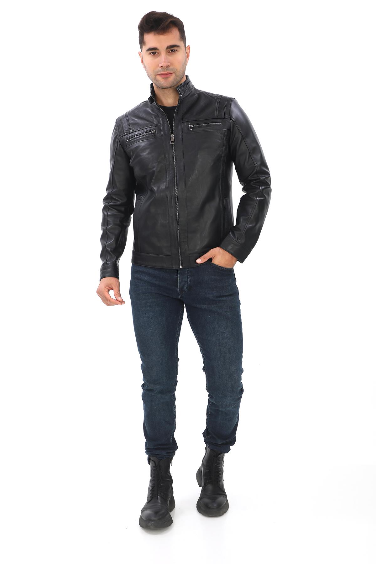 Spor Kesim Erkek Deri Mont Siyah Renk