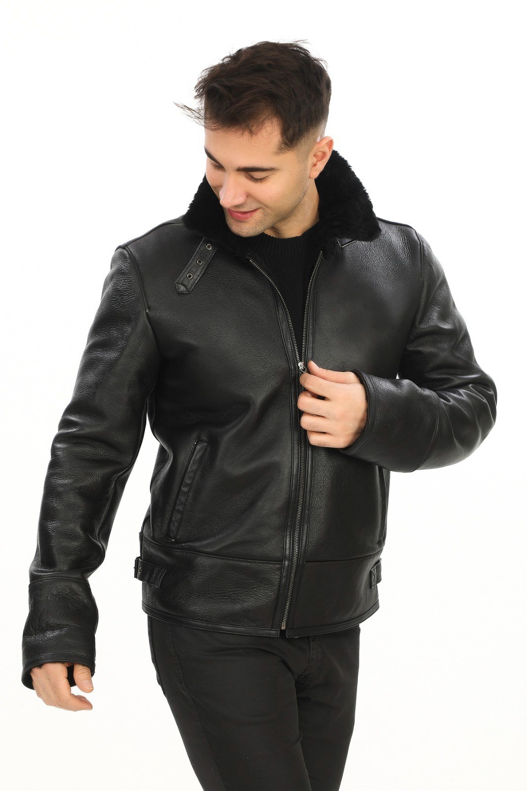 Spor Pilot Model Erkek Deri Mont Siyah Renk
