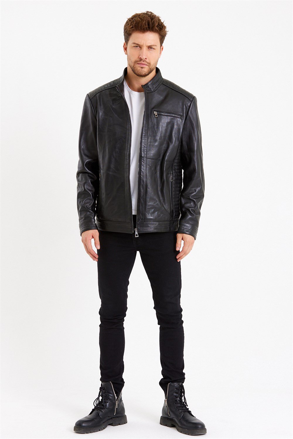 Üç Cepli İşlemeli Spor Deri Mont Siyah Renk