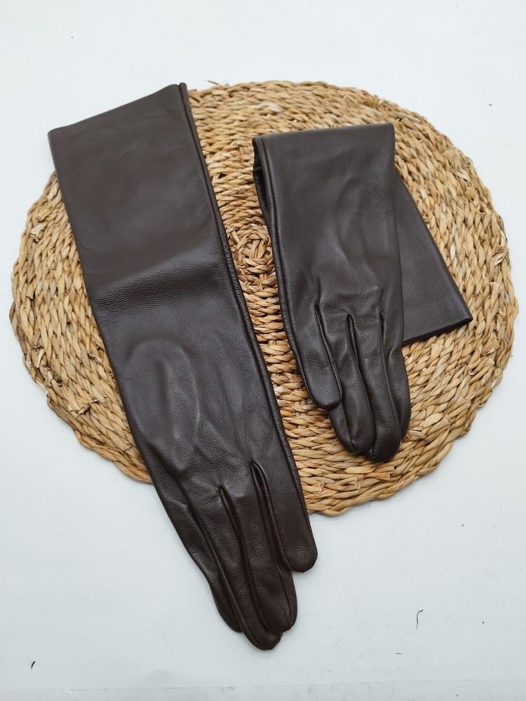 Uzun Bayan Deri Eldiven Polarlı Fındık Renk