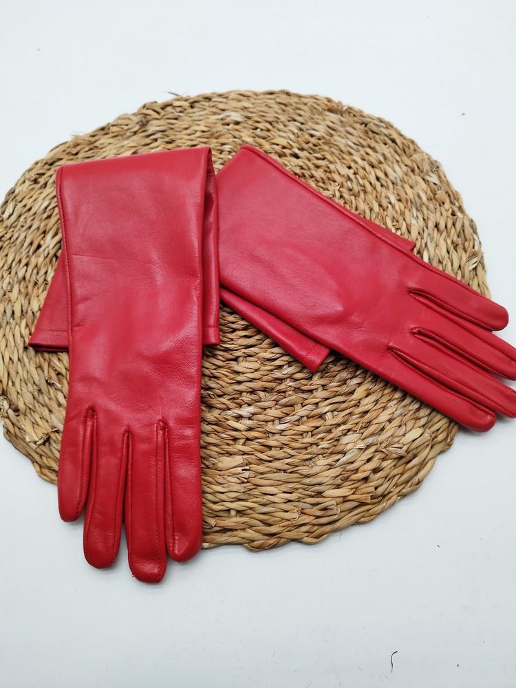 Uzun Bayan Deri Eldiven Polarlı Kırmızı Renk