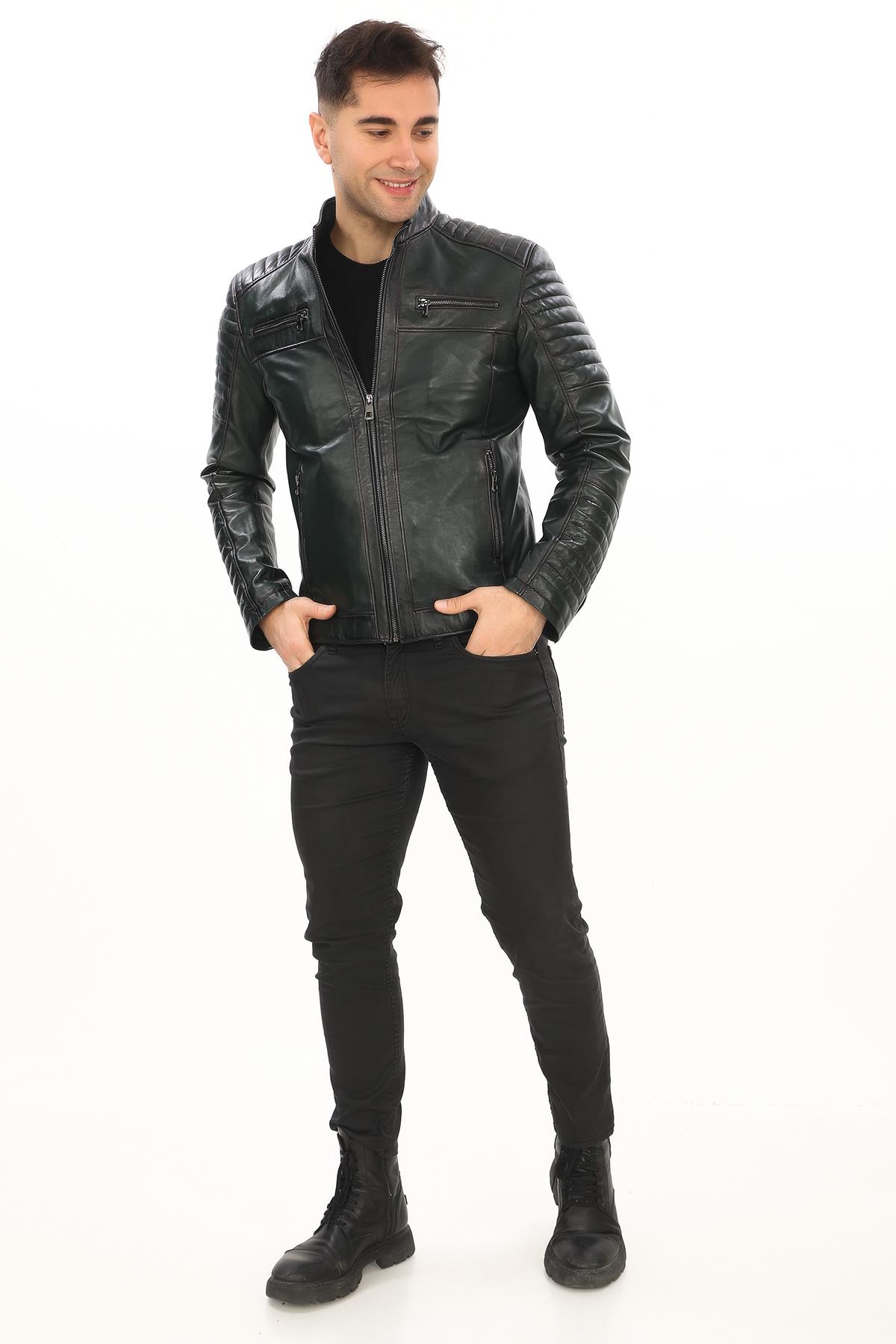 Yeşil Renk Spor Kesim Deri Mont Kolu Fermuarlı