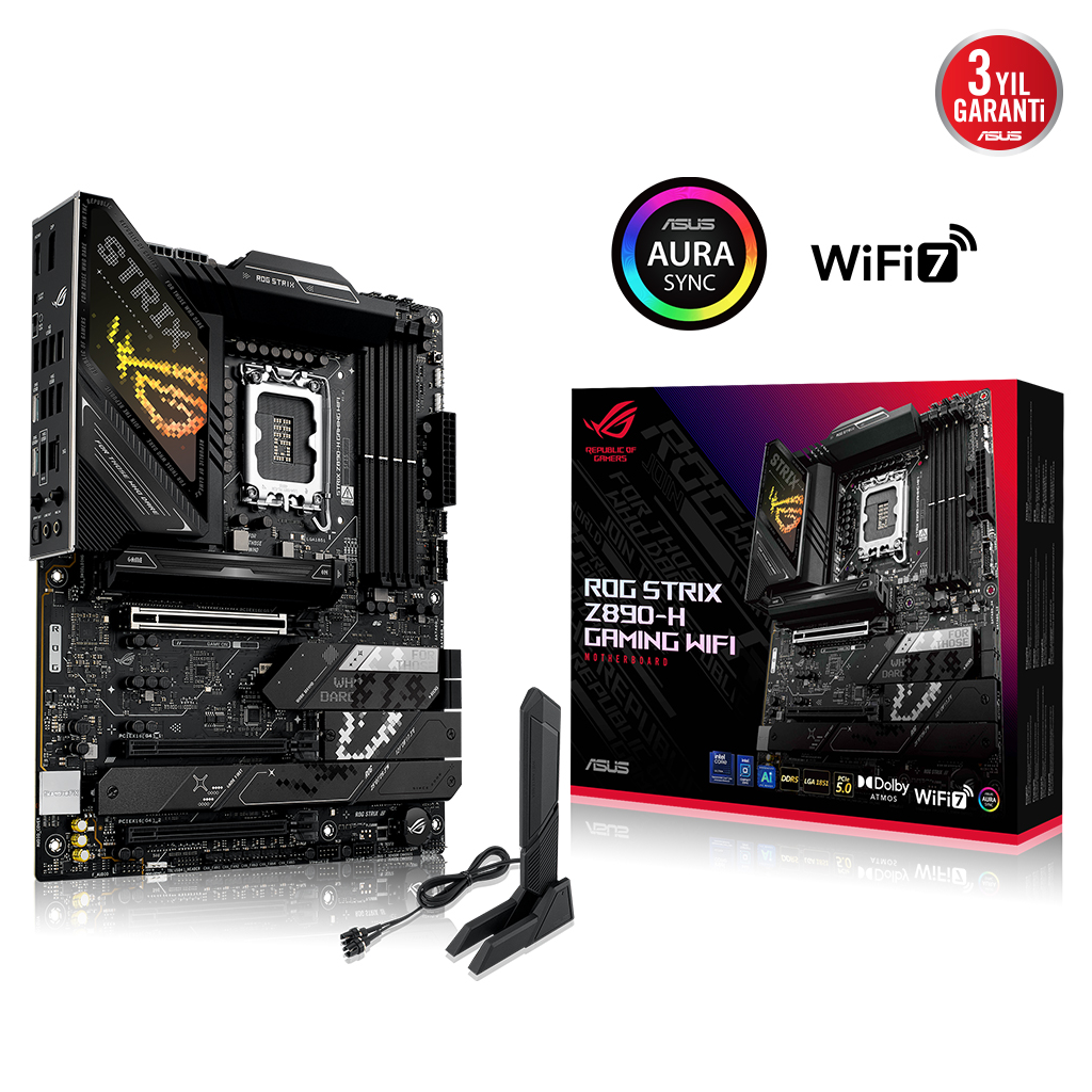 ASUS ROG STRIX Z890-H GAMING WIFI, 9066MHz, 4xDDR5, 4x M.2, HDMI, DP, Type-C, Wi-Fi 7, Bluetooth 5.4, Intel Core Ultra CPU(Seri 2), LGA1851 Soket, Gaming Anakart