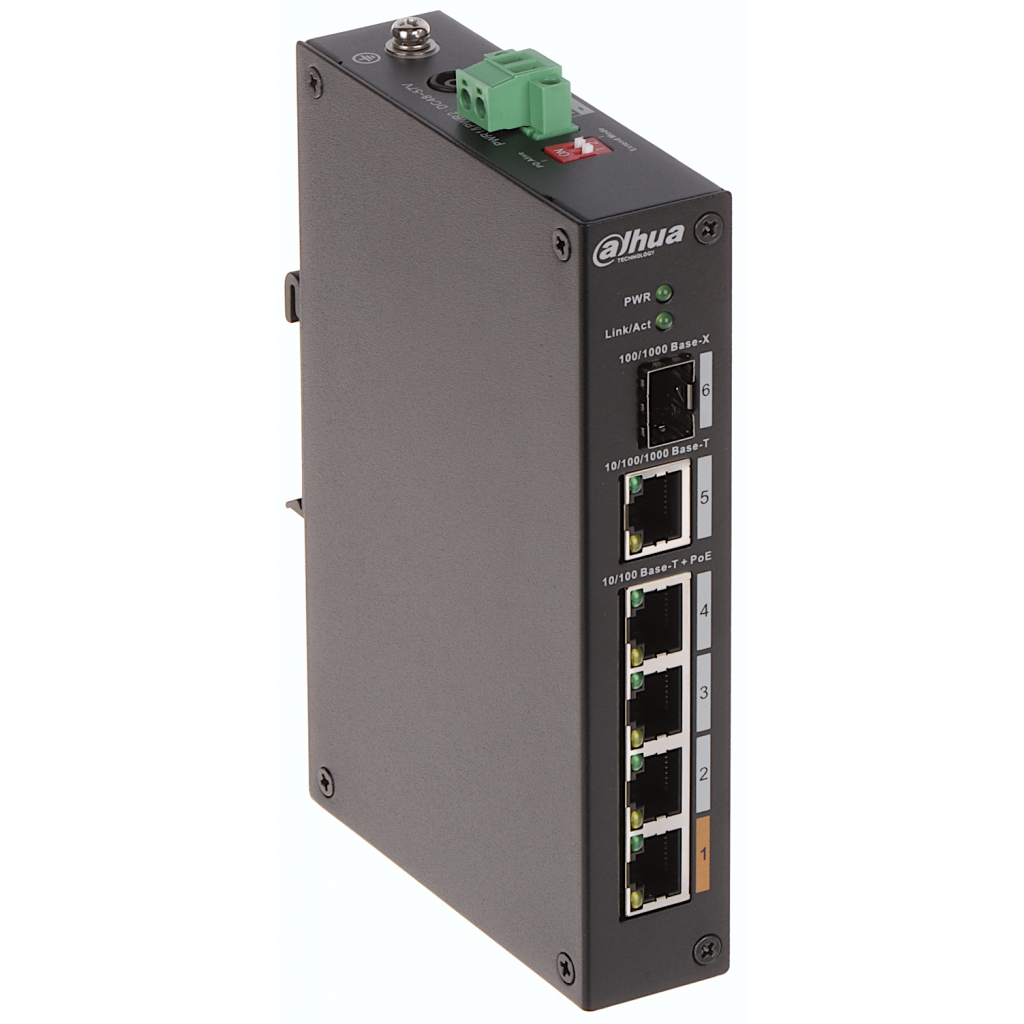 DAHUA PFS3106-4ET-60-V2, 4 Port, Megabit, PoE 60W, 1 Port Gigabit Uplink, 1 Port Gigabit SFP, Yönetilemez, Masaüstü Switch