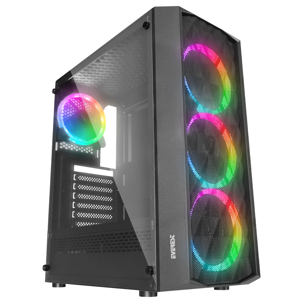 EVEREST BUMPY, Mesh, 600W, 4x12cm RGB Fan, Temperli Cam Yan Panel, ATX, GAMING KASA
