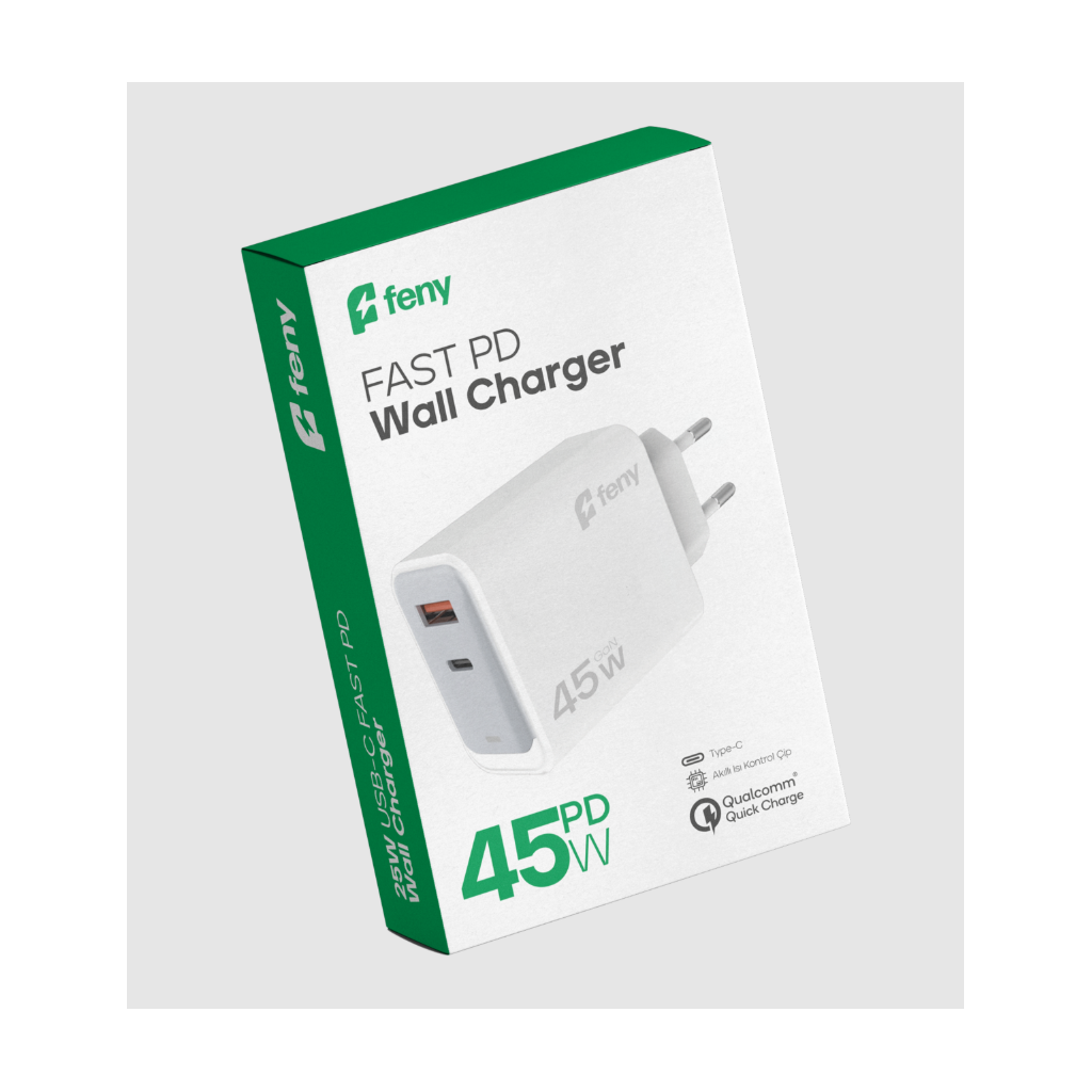 FENY FN-C45, 45W, USB+Type-C, Akıllı Isı Kontrol Chip, Qualcomm Quick Charge 3.0, ŞARJ Adaptörü