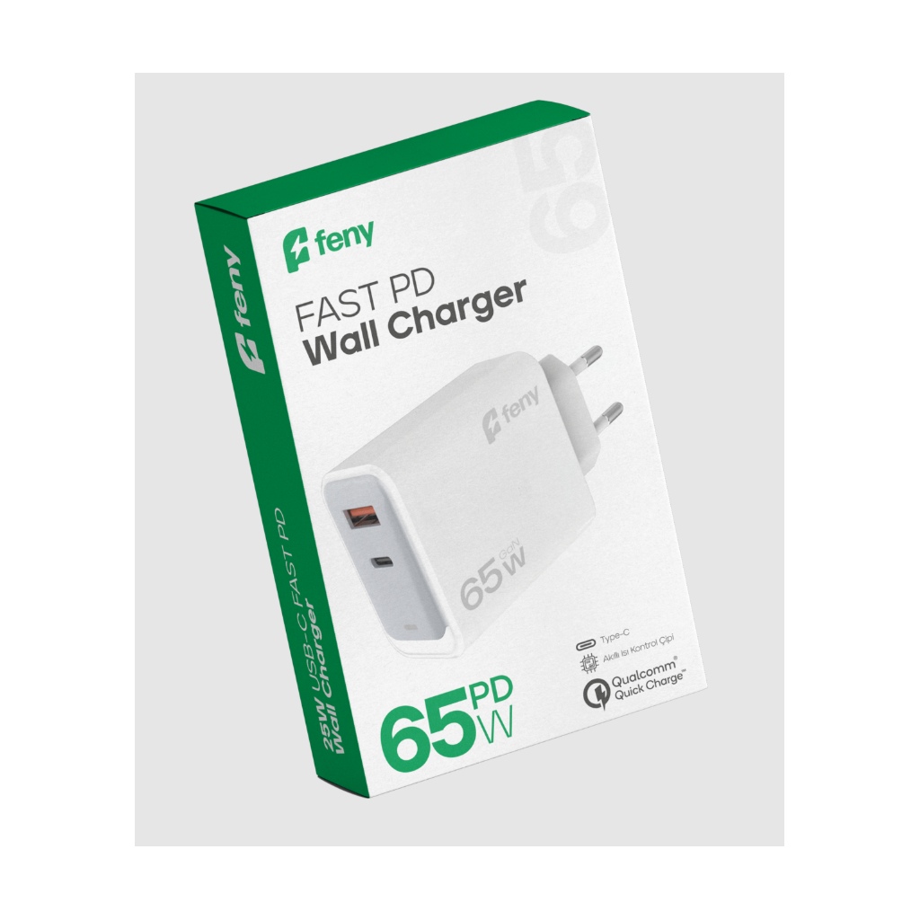 FENY FN-C65, 65W, USB+Type-C, Akıllı Isı Kontrol Chip, Qualcomm Quick Charge 3.0, ŞARJ Adaptörü