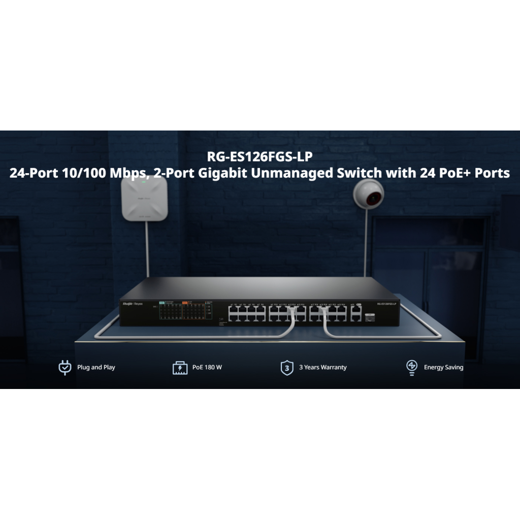 RUIJIE REYEE RG-ES126FGS-LP  26 Port, 24 Port  Megabit PoE, 180W, 2 Port Gigabit Uplink, 1 Port Gigabit COMBO,  Switch  Metal Kasa
