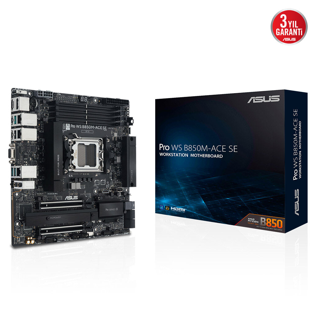ASUS PRO WS B850M-ACE SE, 4xDDR5, 2xM.2, HDMI, DP, Type-C, D-SUB, PCIe 5.0, AM5 Soket Micro-ATX Anakart