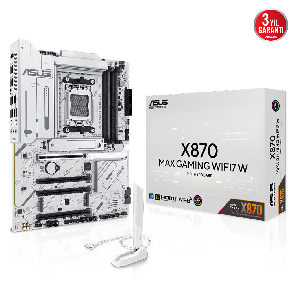 ASUS X870 MAX GAMING WIFI7 W, 4xDDR5, 3xM2, HDMI, DP, Type-C, Wi-Fi 7, Bluetooth v5.3, AM5 Soket GAMING Anakart