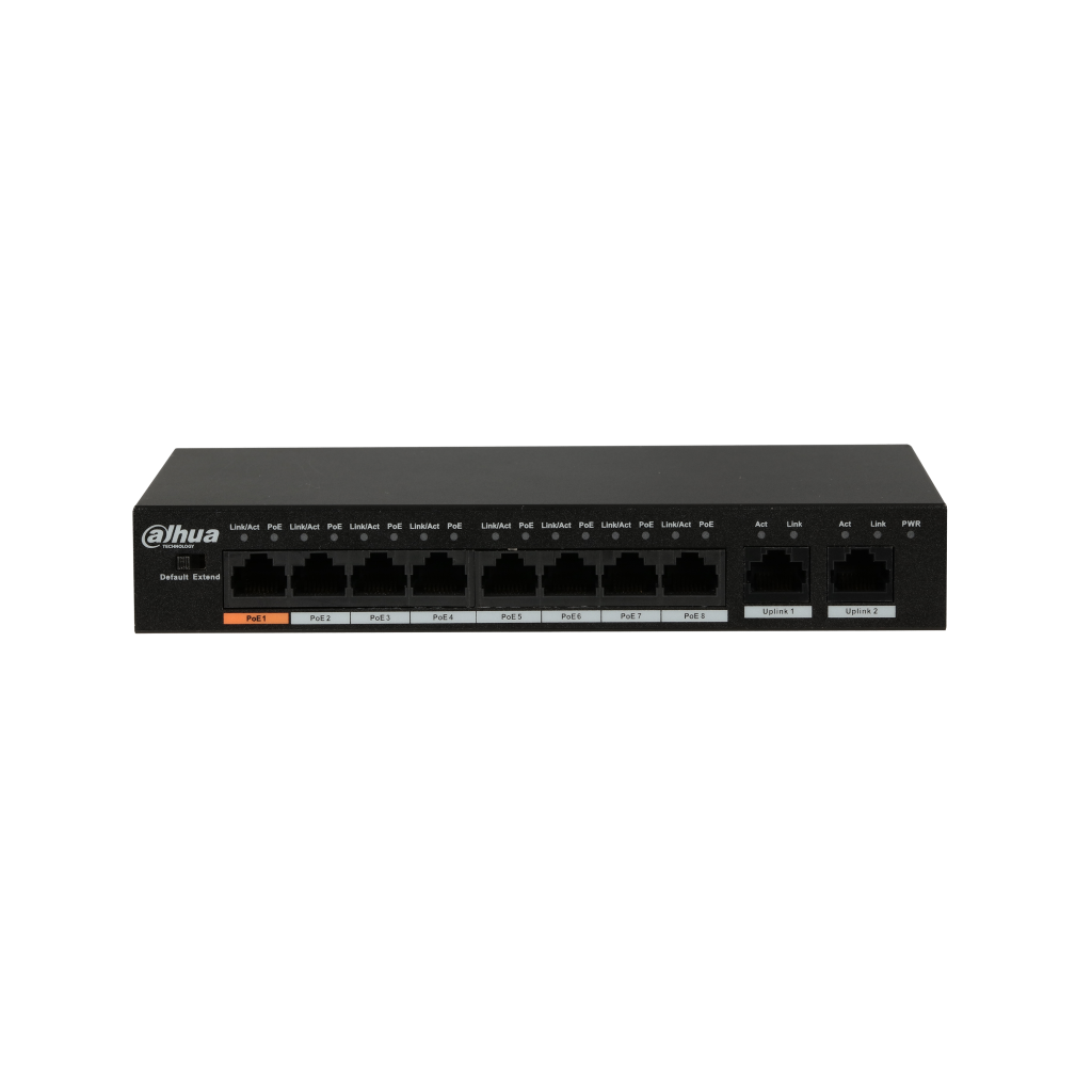 DAHUA PFS3010-8ET-96, 8 Port, MegaBit, PoE 96W, 2 Port GigaBit Uplink, Yönetilemez, Masaüstü Switch