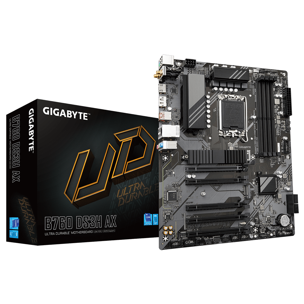 GIGABYTE B760 DS3H AX, rev.1.0, 4xDDR5, 2xM.2, DP, HDMI, Type-C, Wi-Fi 6E, Bluetooth v5.3, 12-13-14.Nesil, LGA1700 Soket, Anakart