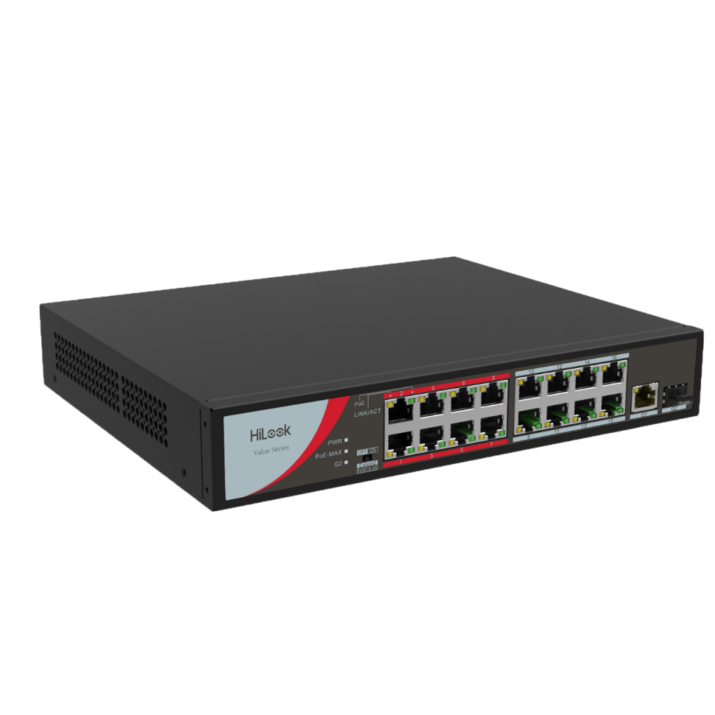 HILOOK NS-0318P-130(B), 16 Port, Megabit, PoE 130W, 1 Port GigaBit Lan, 1 Port GigaBit SFP, Long Range 250Metre, Yönetilemez, Masaüstü Switch