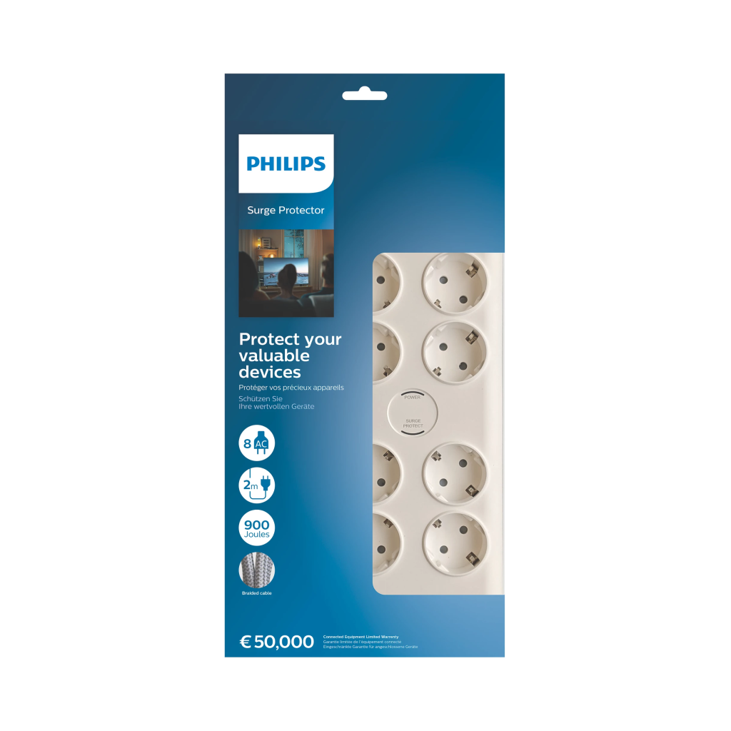 PHILIPS SPN7080WA/62, 8 Soket, Akım Korumalı Priz, 900 Joules, 2Mt Örgülü Kablo, (Beyaz)