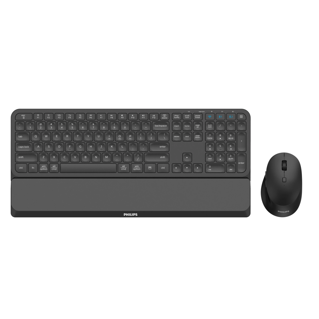 PHILIPS SPT6607B, Siyah, Türkçe Q, 2.4Ghz ve Bluetooth Kablosuz, Bilek Destekli, Multimedya Klavye Mouse Set
