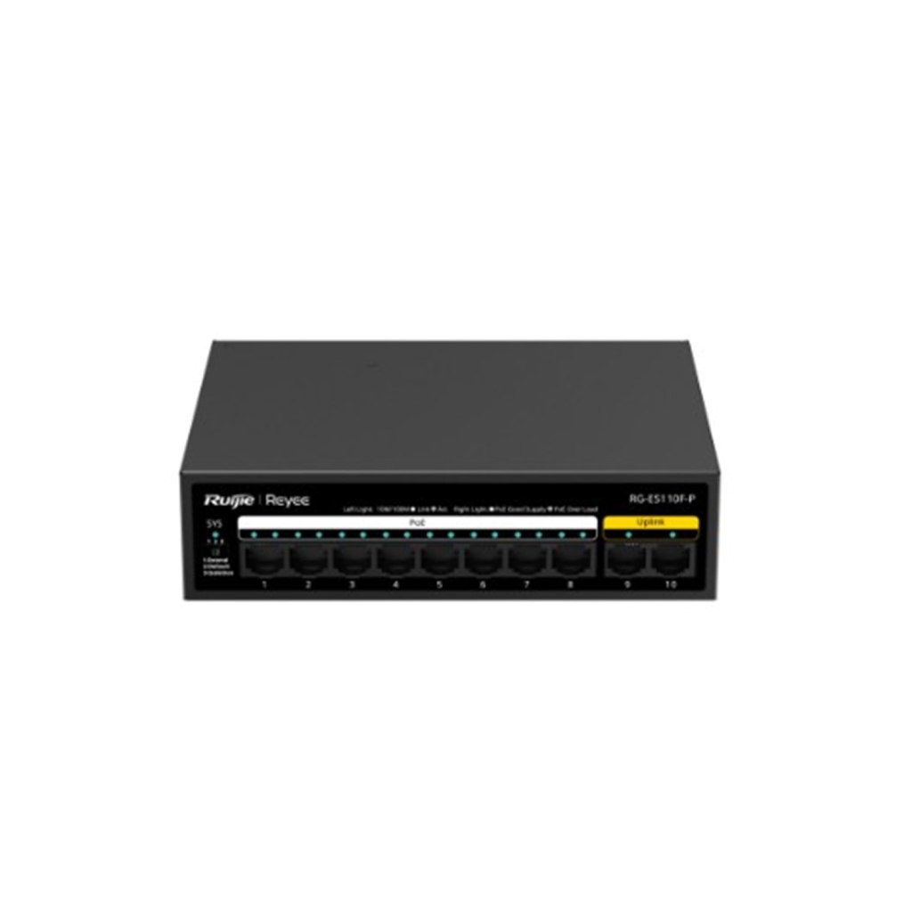 RUIJIE REYEE RG-ES110F-P 10 Port, 8 Port MegaBit  POE, 110W, 2 Port Uplink, Metal Kasa Switch