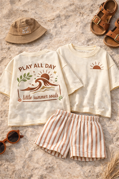 %100 pamuk keten şort & tshirt takımı 2-6 yaş