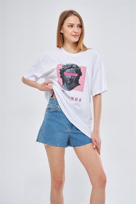 Camenta Beyaz Intense Feelings Baskılı Unisex Oversize T-shirt