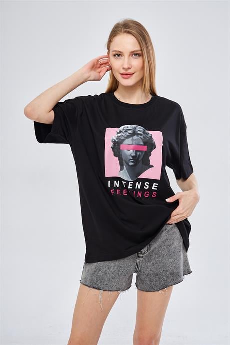 Camenta Siyah Intense Feelings Baskılı Unisex Oversize T-shirt