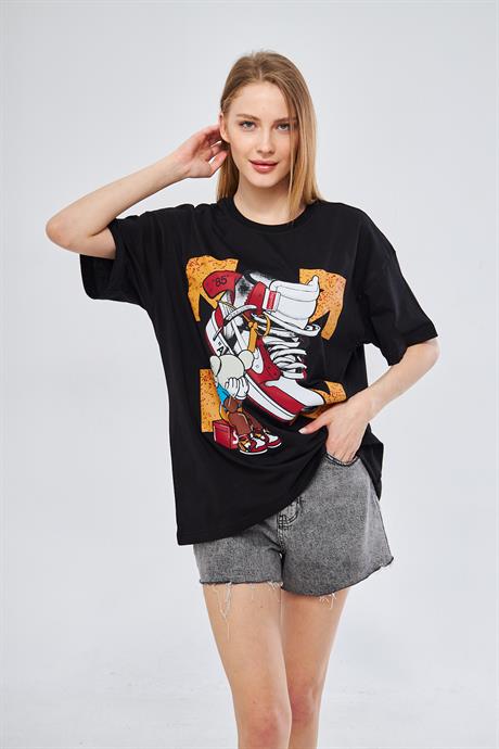 Camenta Siyah Sneaker Baskılı Unisex Oversize T-shirt