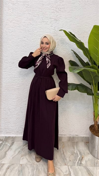 Fular ve Kemer Detaylı Elbise | Mürdüm