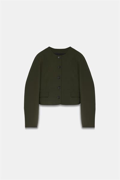 Kadın Açık Haki Balon Kol Crop Blazer
