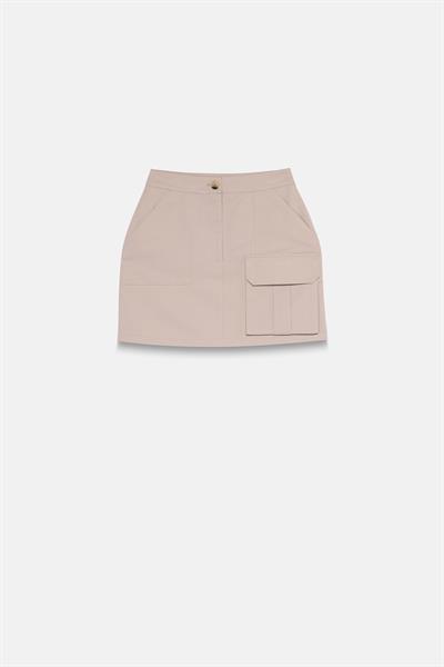 Kadın Bej Cepli Gabardin Mini Etek