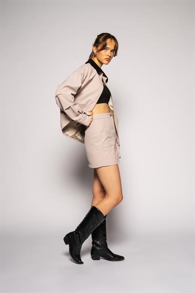 Kadın Bej Cepli Gabardin Mini Etek