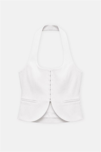 Kadın Beyaz Halter Yaka Crop Yelek