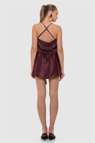 Kadın Bordo Askılı Saten Mini Elbise