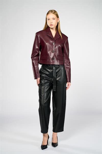 Kadın Bordo Crop Deri Blazer Ceket