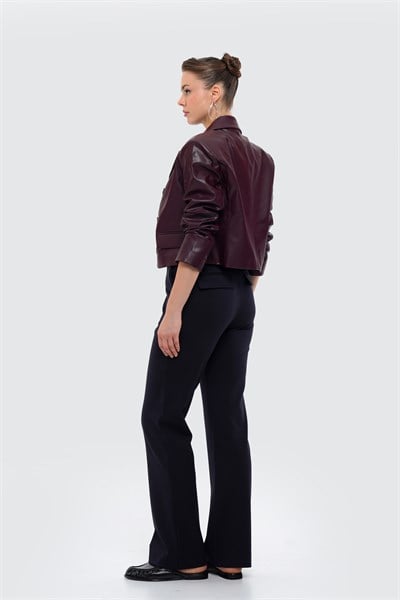 Kadın Bordo Crop Deri Blazer Ceket