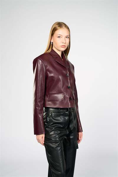 Kadın Bordo Crop Deri Blazer Ceket