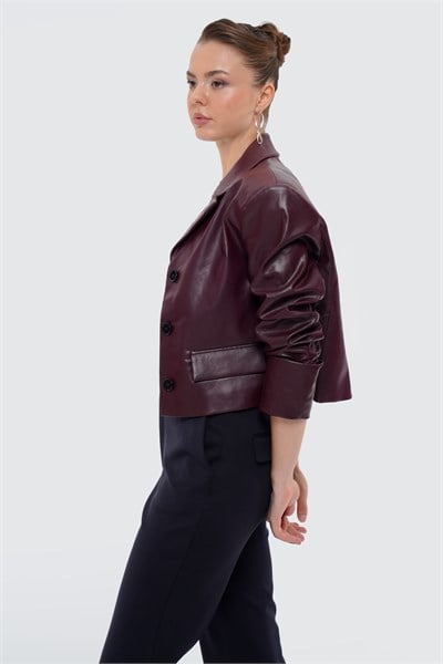 Kadın Bordo Crop Deri Blazer Ceket