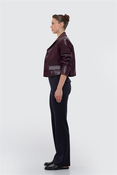 Kadın Bordo Crop Deri Blazer Ceket